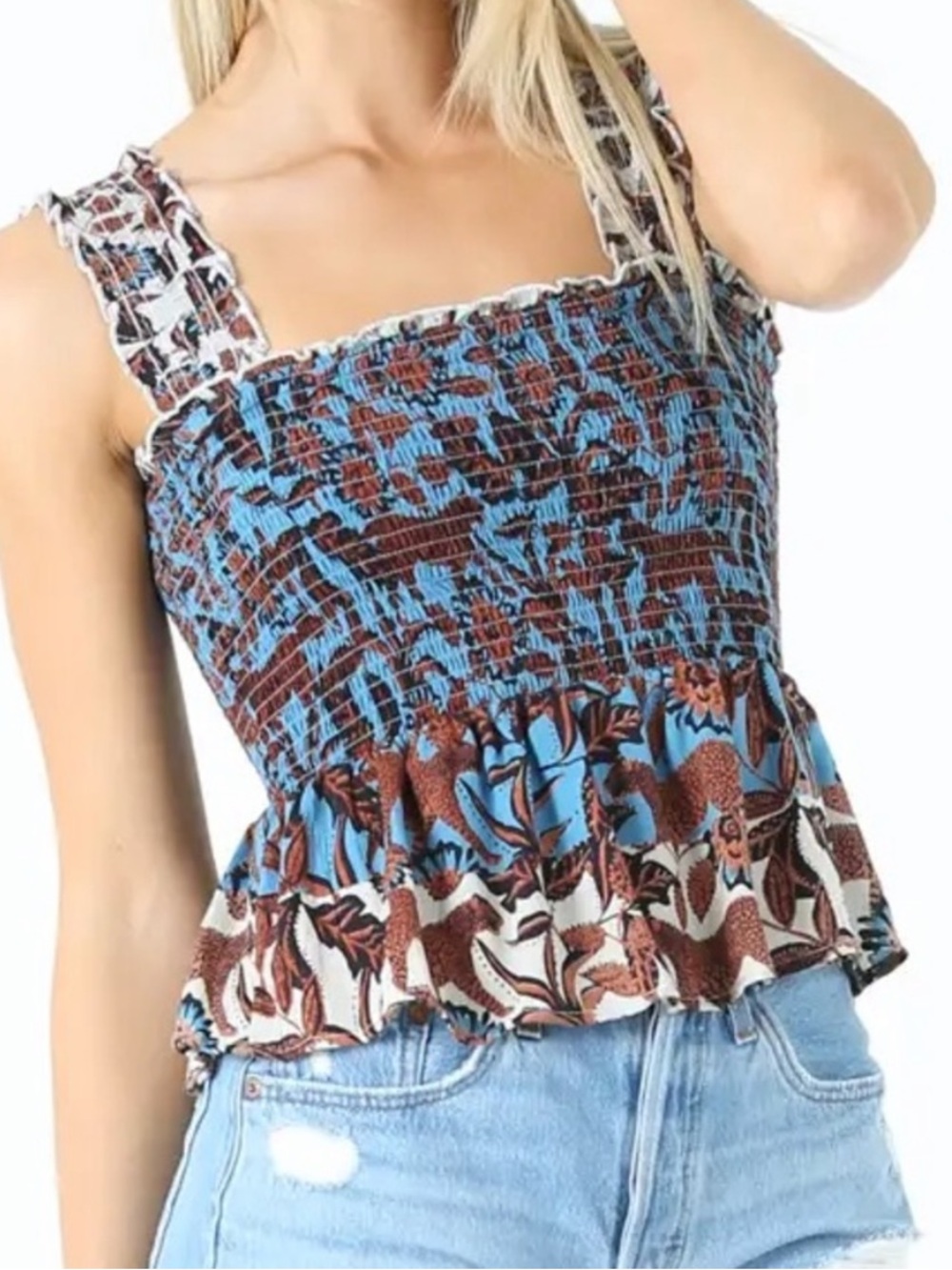 Francesca's Collections Blue and Brown Floral Smocked Peplum Tank